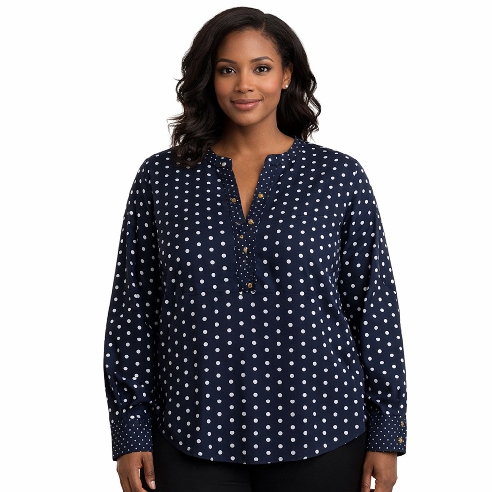The Limited Navy Blue White Polka Dot Blouse XS Long Sleeve Button‎ Front